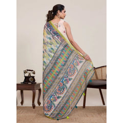Generic Women's Linen Floral Printed Saree With Unstitched Blouse 5.5Mtr (Pista Green)