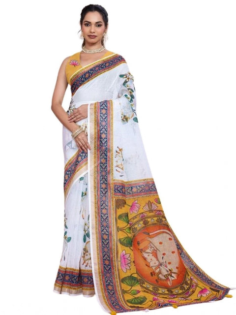 Generic Women's Linen Floral Printed Saree With Unstitched Blouse 5.5Mtr (White)