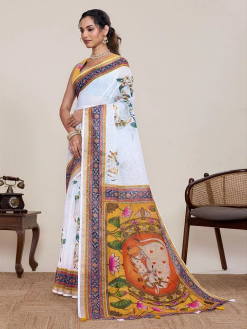 Generic Women's Linen Floral Printed Saree With Unstitched Blouse 5.5Mtr (White)