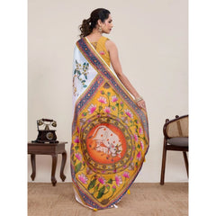 Generic Women's Linen Floral Printed Saree With Unstitched Blouse 5.5Mtr (White)