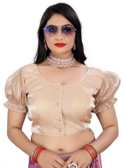 Women's Jimmy Solid Designer Neck Elastic Sleeve Readymade Blouse (Beige 38 , Alterable up to 42)-PID65826