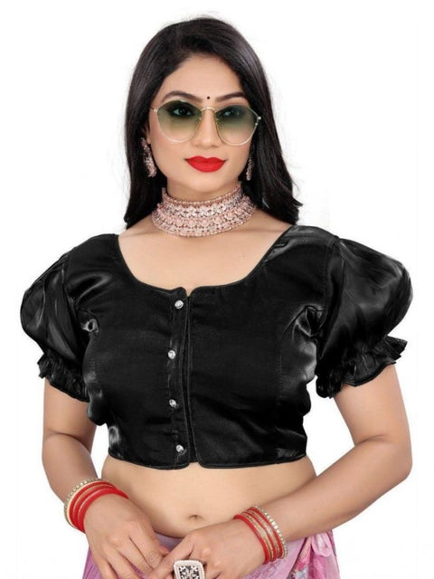 Women's Jimmy Solid Designer Neck Elastic Sleeve Readymade Blouse (Black 38 , Alterable up to 42)-PID65827
