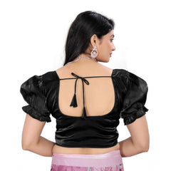 Women's Jimmy Solid Designer Neck Elastic Sleeve Readymade Blouse (Black 38 , Alterable up to 42)-PID65827