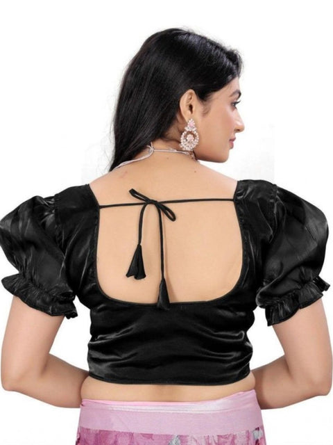 Women's Jimmy Solid Designer Neck Elastic Sleeve Readymade Blouse (Black 38 , Alterable up to 42)-PID65827