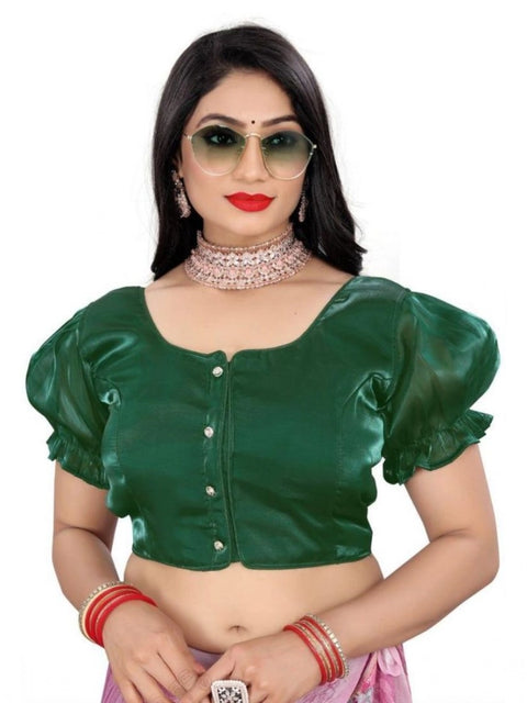 Women's Jimmy Solid Designer Neck Elastic Sleeve Readymade Blouse (Green 38 , Alterable up to 42)-PID65829