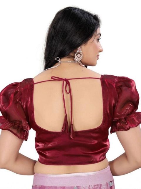 Women's Jimmy Solid Designer Neck Elastic Sleeve Readymade Blouse (Maroon 38 , Alterable up to 42)-PID65831
