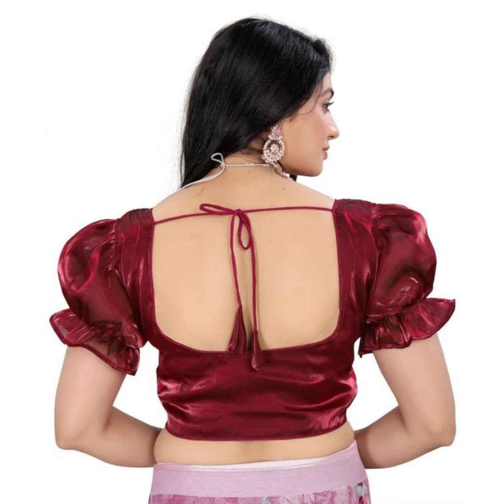 Women's Jimmy Solid Designer Neck Elastic Sleeve Readymade Blouse (Maroon 38 , Alterable up to 42)-PID65831