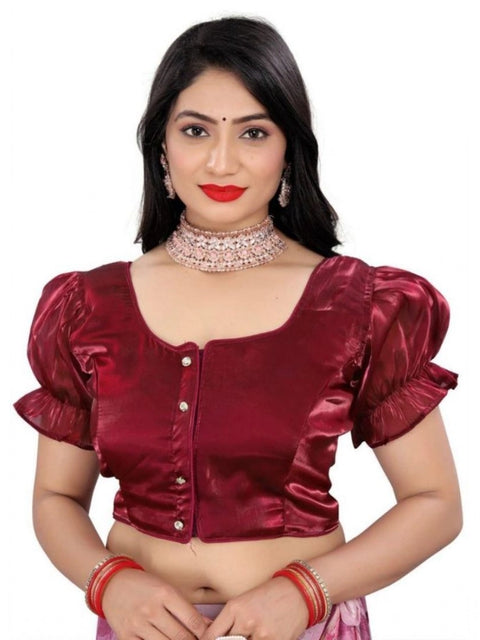 Women's Jimmy Solid Designer Neck Elastic Sleeve Readymade Blouse (Maroon 38 , Alterable up to 42)-PID65831
