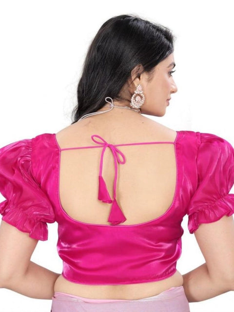 Women's Jimmy Solid Designer Neck Elastic Sleeve Readymade Blouse (Pink 38 , Alterable up to 42)-PID65832