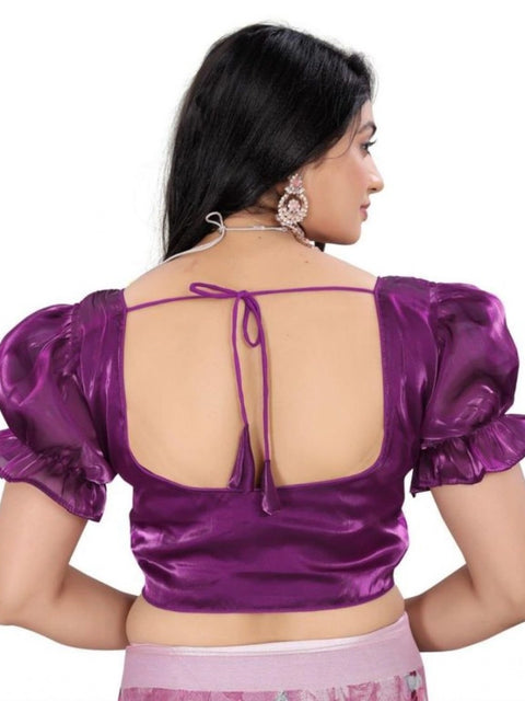 Women's Jimmy Solid Designer Neck Elastic Sleeve Readymade Blouse (Purple 38 , Alterable up to 42)-PID65833