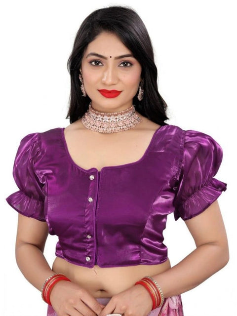 Women's Jimmy Solid Designer Neck Elastic Sleeve Readymade Blouse (Purple 38 , Alterable up to 42)-PID65833