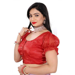 Women's Jimmy Solid Designer Neck Elastic Sleeve Readymade Blouse (Red 38 , Alterable up to 42)-PID65834