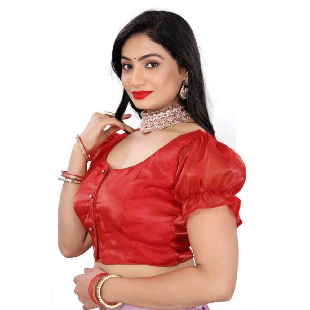 Women's Jimmy Solid Designer Neck Elastic Sleeve Readymade Blouse (Red 38 , Alterable up to 42)-PID65834