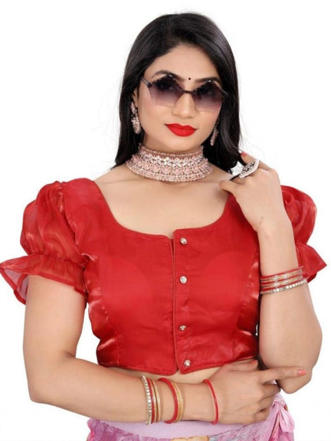 Women's Jimmy Solid Designer Neck Elastic Sleeve Readymade Blouse (Red 38 , Alterable up to 42)-PID65834