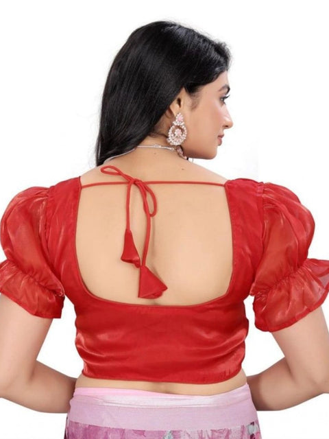Women's Jimmy Solid Designer Neck Elastic Sleeve Readymade Blouse (Red 38 , Alterable up to 42)-PID65834