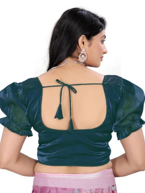 Women's Jimmy Solid Designer Neck Elastic Sleeve Readymade Blouse (Teal 38 , Alterable up to 42)-PID65835