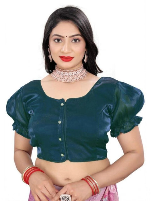 Women's Jimmy Solid Designer Neck Elastic Sleeve Readymade Blouse (Teal 38 , Alterable up to 42)-PID65835
