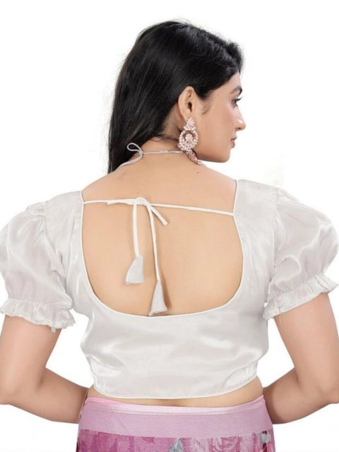 Women's Jimmy Solid Designer Neck Elastic Sleeve Readymade Blouse (White 38 , Alterable up to 42)-PID65836