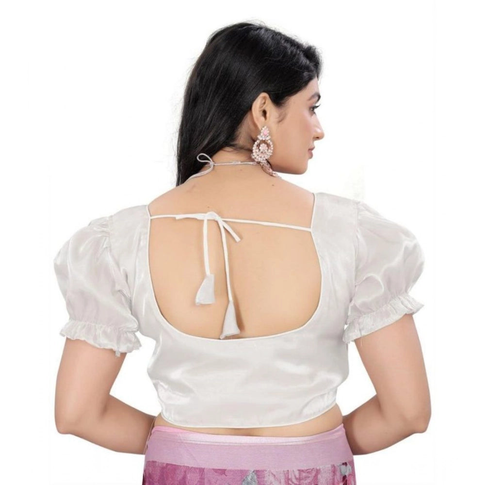 Women's Jimmy Solid Designer Neck Elastic Sleeve Readymade Blouse (White 38 , Alterable up to 42)-PID65836