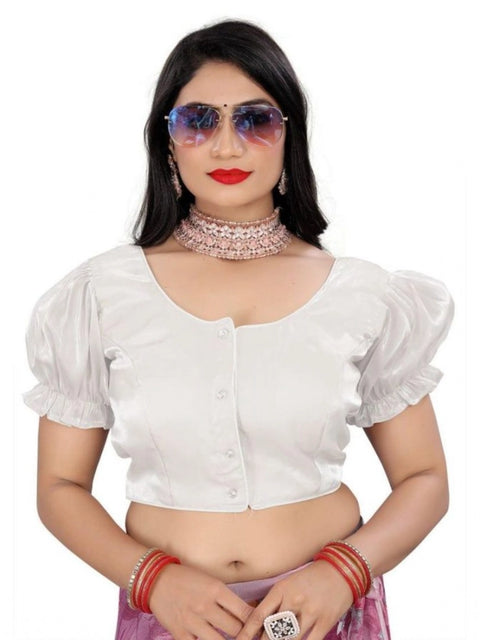 Women's Jimmy Solid Designer Neck Elastic Sleeve Readymade Blouse (White 38 , Alterable up to 42)-PID65836