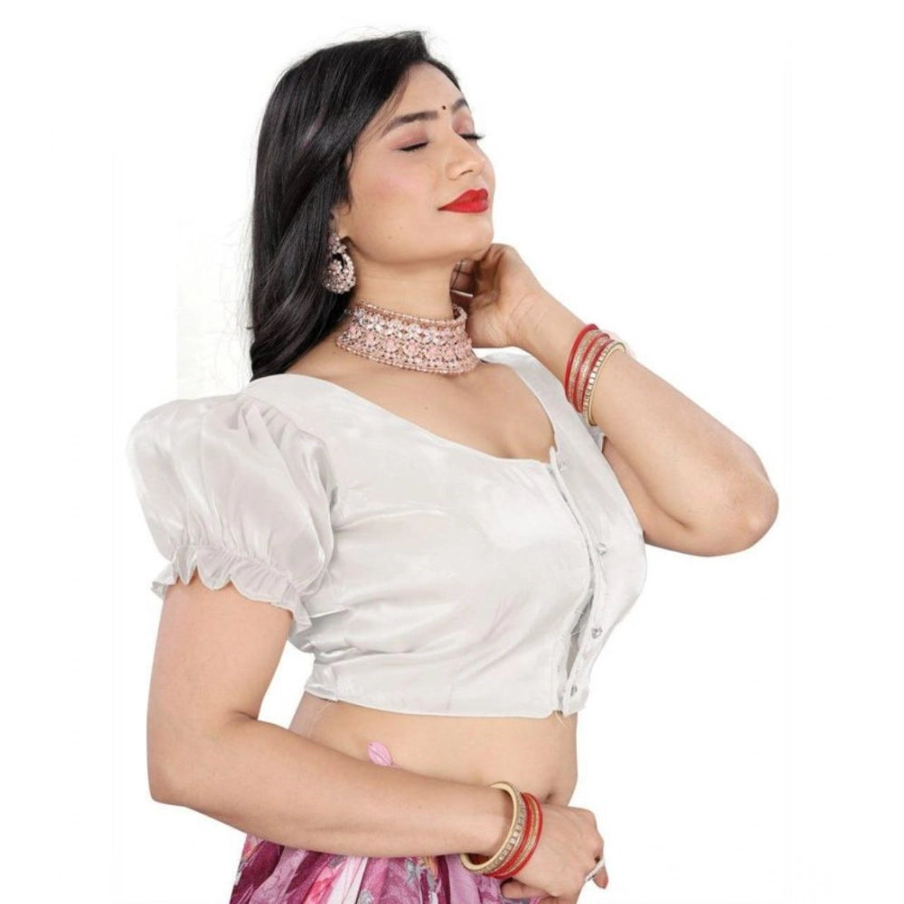 Women's Jimmy Solid Designer Neck Elastic Sleeve Readymade Blouse (White 38 , Alterable up to 42)-PID65836
