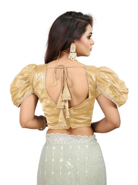 Women's Jimmy Solid V Neck Puff Sleeve Readymade Blouse (Beige 38 , Alterable up to 42)-PID65837