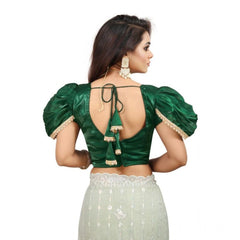 Women's Jimmy Solid V Neck Puff Sleeve Readymade Blouse (Green 38 , Alterable up to 42)-PID65839