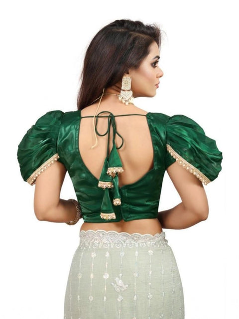 Women's Jimmy Solid V Neck Puff Sleeve Readymade Blouse (Green 38 , Alterable up to 42)-PID65839