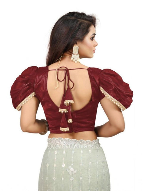 Women's Jimmy Solid V Neck Puff Sleeve Readymade Blouse (Maroon 38 , Alterable up to 42)-PID65840