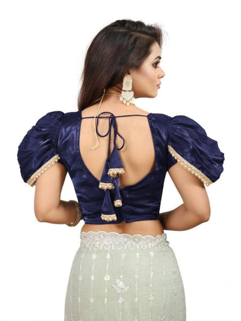 Women's Jimmy Solid V Neck Puff Sleeve Readymade Blouse (Navy 38 , Alterable up to 42)-PID65841