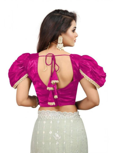 Women's Jimmy Solid V Neck Puff Sleeve Readymade Blouse (Pink 38 , Alterable up to 42)-PID65842