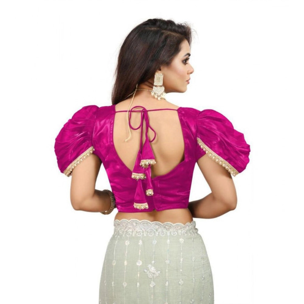 Women's Jimmy Solid V Neck Puff Sleeve Readymade Blouse (Pink 38 , Alterable up to 42)-PID65842