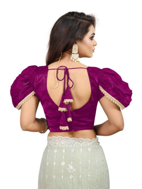 Women's Jimmy Solid V Neck Puff Sleeve Readymade Blouse (Purple 38 , Alterable up to 42)-PID65843