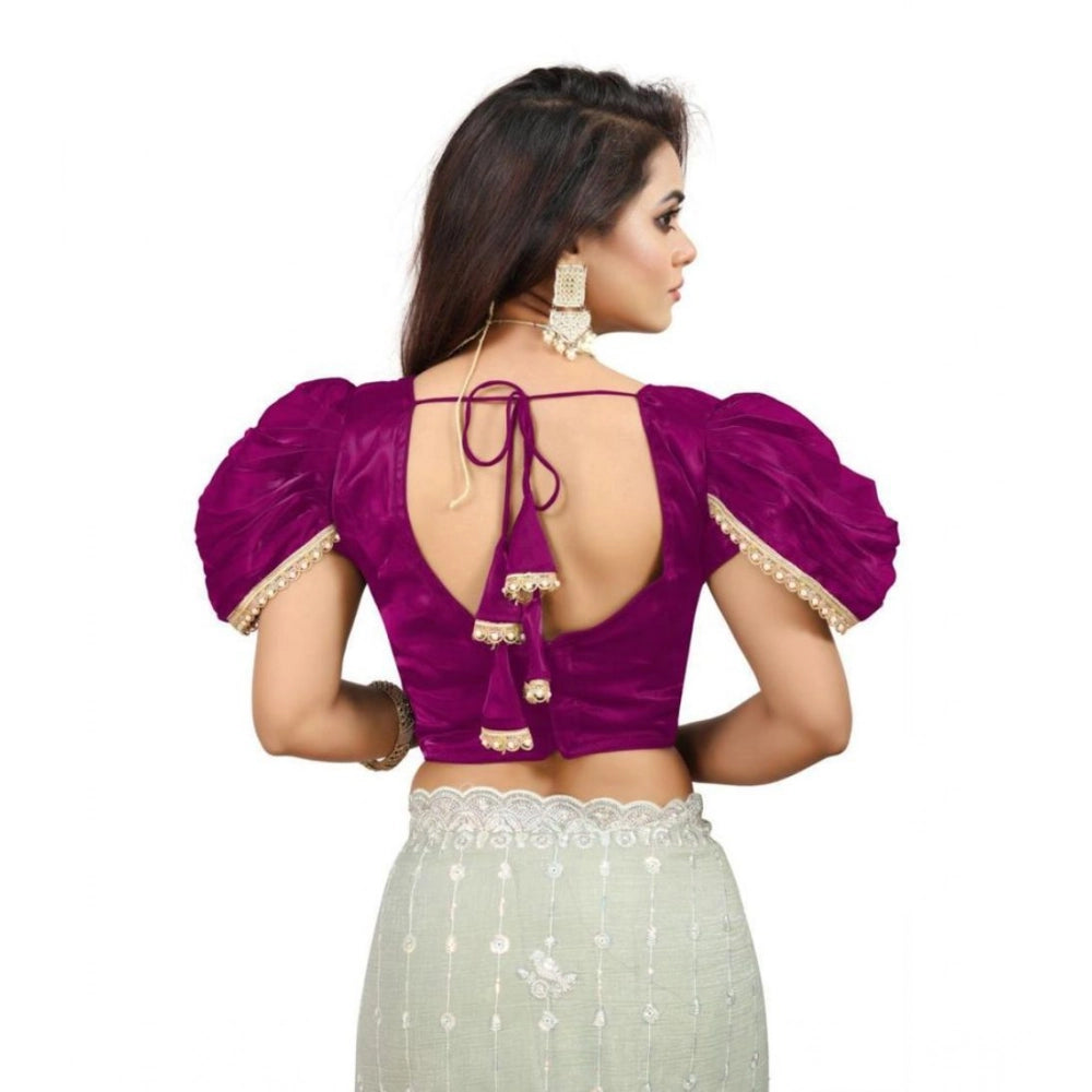 Women's Jimmy Solid V Neck Puff Sleeve Readymade Blouse (Purple 38 , Alterable up to 42)-PID65843