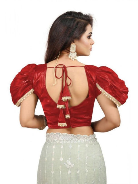 Women's Jimmy Solid V Neck Puff Sleeve Readymade Blouse (Red 38 , Alterable up to 42)-PID65844
