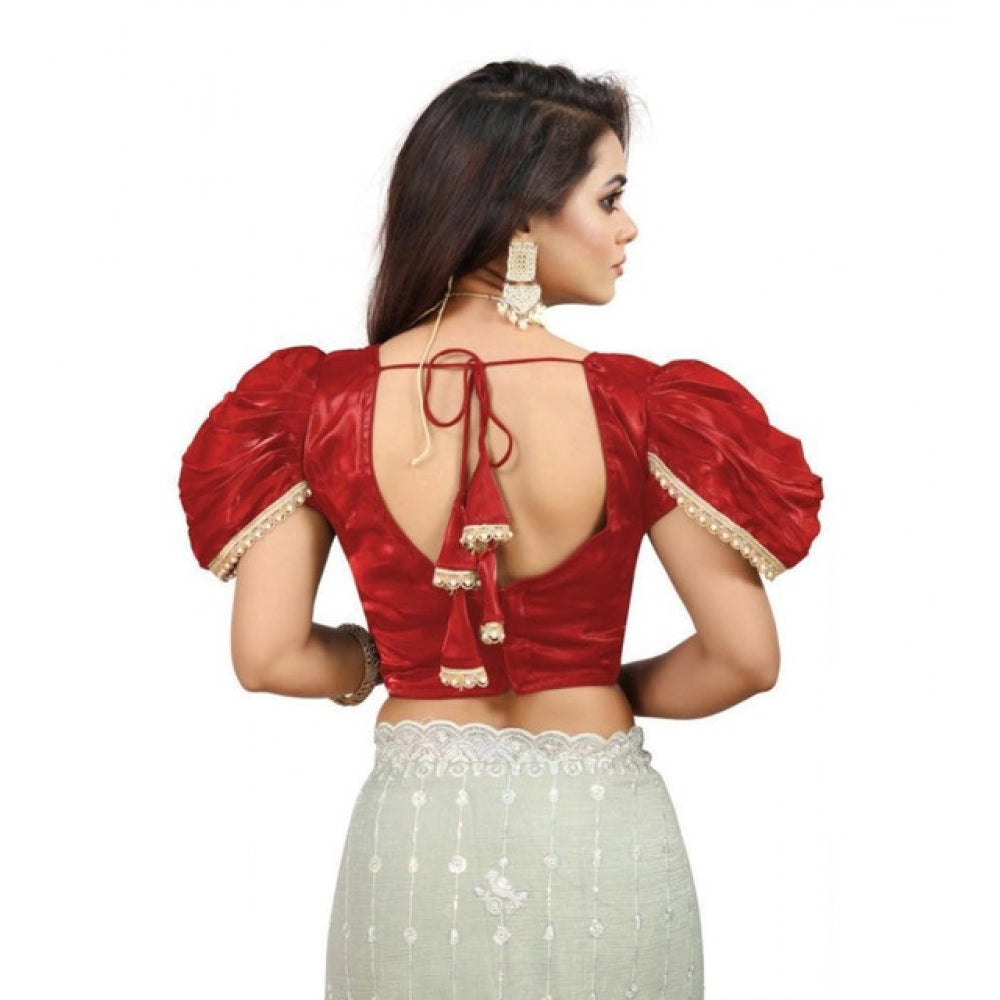 Women's Jimmy Solid V Neck Puff Sleeve Readymade Blouse (Red 38 , Alterable up to 42)-PID65844