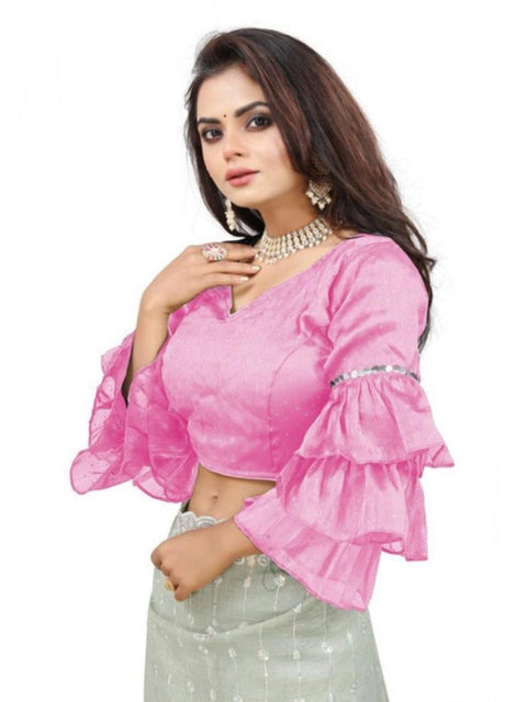 Women's Organza Solid V Neck Layered Ruffle Sleeve Readymade Blouse (Light_Pink Free Size , up to 38–40 Bust)-PID65846