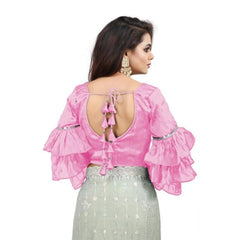 Generic Women's Organza Solid V Neck Layered Ruffle Sleeve Readymade Blouse (Light_Pink Free Size , up to 38–40 Bust)-PID65846
