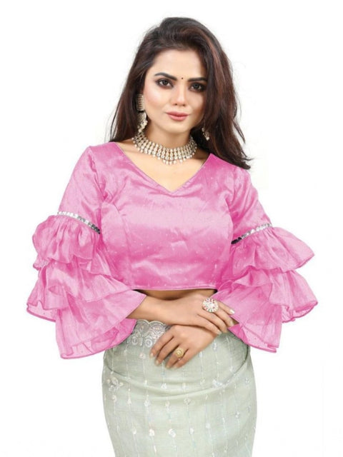 Women's Organza Solid V Neck Layered Ruffle Sleeve Readymade Blouse (Light_Pink Free Size , up to 38–40 Bust)-PID65846