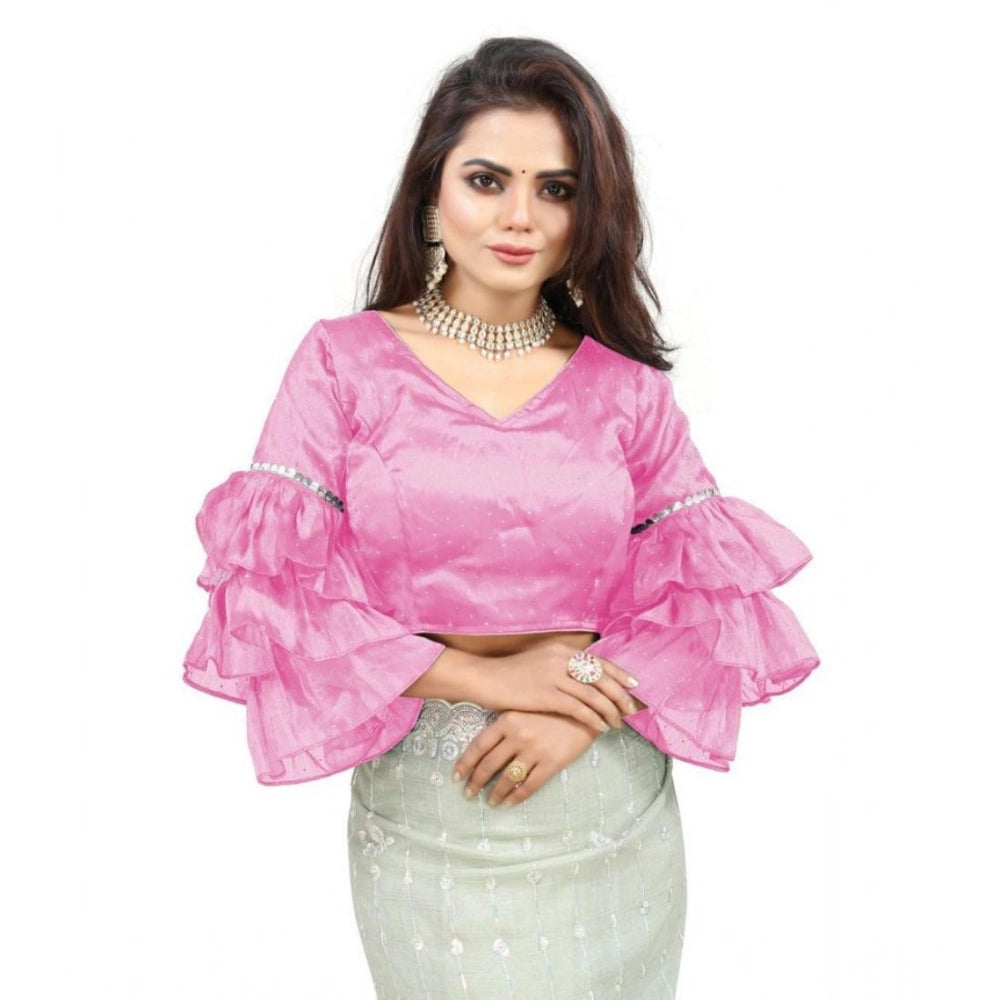 Women's Organza Solid V Neck Layered Ruffle Sleeve Readymade Blouse (Light_Pink Free Size , up to 38–40 Bust)-PID65846