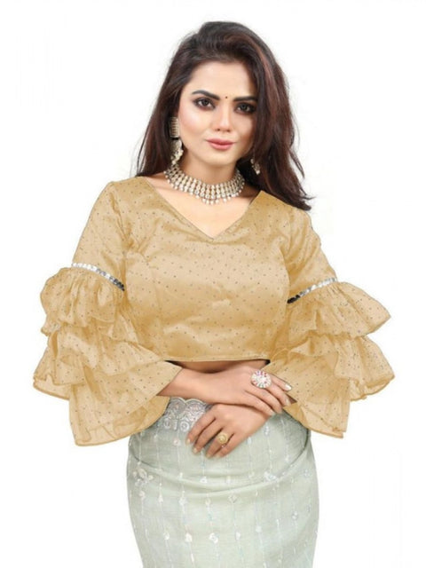 Women's Organza Solid V Neck Layered Ruffle Sleeve Readymade Blouse (Beige Free Size , up to 38–40 Bust)-PID65847