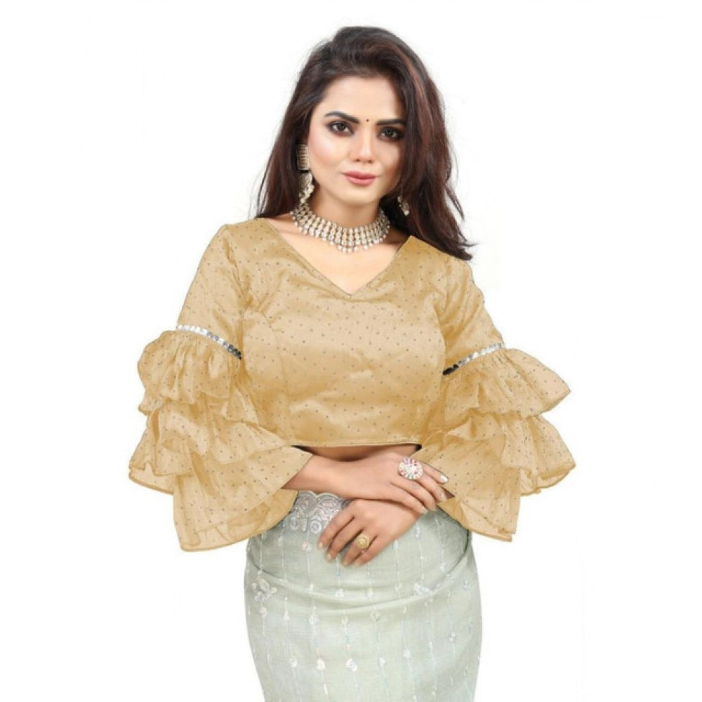 Women's Organza Solid V Neck Layered Ruffle Sleeve Readymade Blouse (Beige Free Size , up to 38–40 Bust)-PID65847