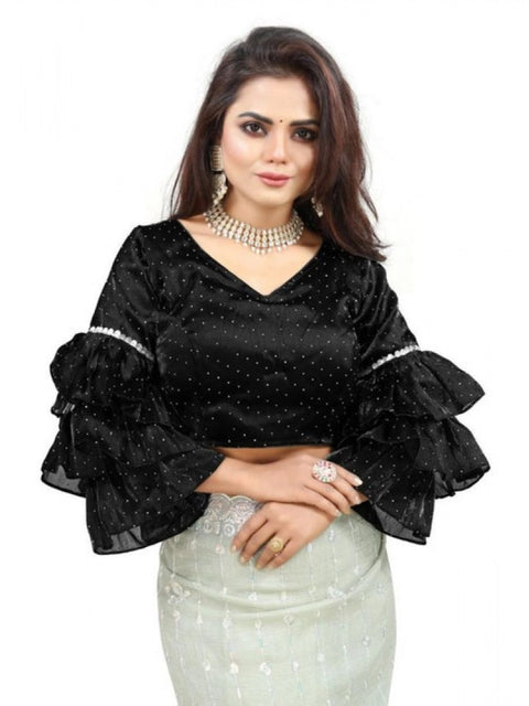 Women's Organza Solid V Neck Layered Ruffle Sleeve Readymade Blouse (Black Free Size , up to 38–40 Bust)-PID65848