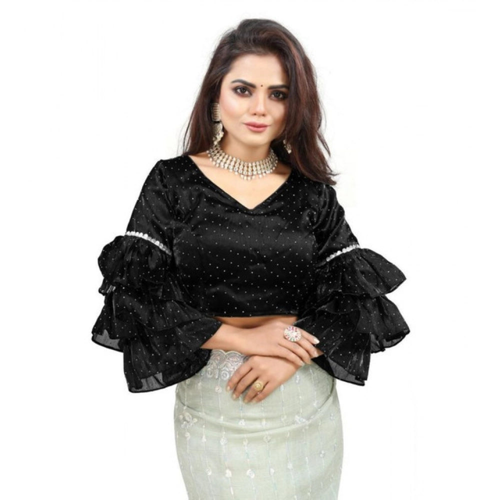 Women's Organza Solid V Neck Layered Ruffle Sleeve Readymade Blouse (Black Free Size , up to 38–40 Bust)-PID65848