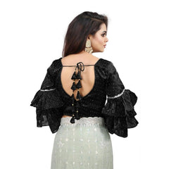 Women's Organza Solid V Neck Layered Ruffle Sleeve Readymade Blouse (Black Free Size , up to 38–40 Bust)-PID65848