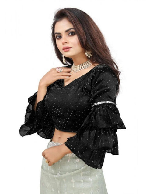 Generic Women's Organza Solid V Neck Layered Ruffle Sleeve Readymade Blouse (Black Free Size , up to 38–40 Bust)-PID65848