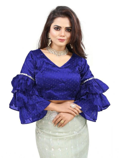 Generic Women's Organza Solid V Neck Layered Ruffle Sleeve Readymade Blouse (Blue Free Size , up to 38–40 Bust)-PID65849