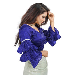 Women's Organza Solid V Neck Layered Ruffle Sleeve Readymade Blouse (Blue Free Size , up to 38–40 Bust)-PID65849