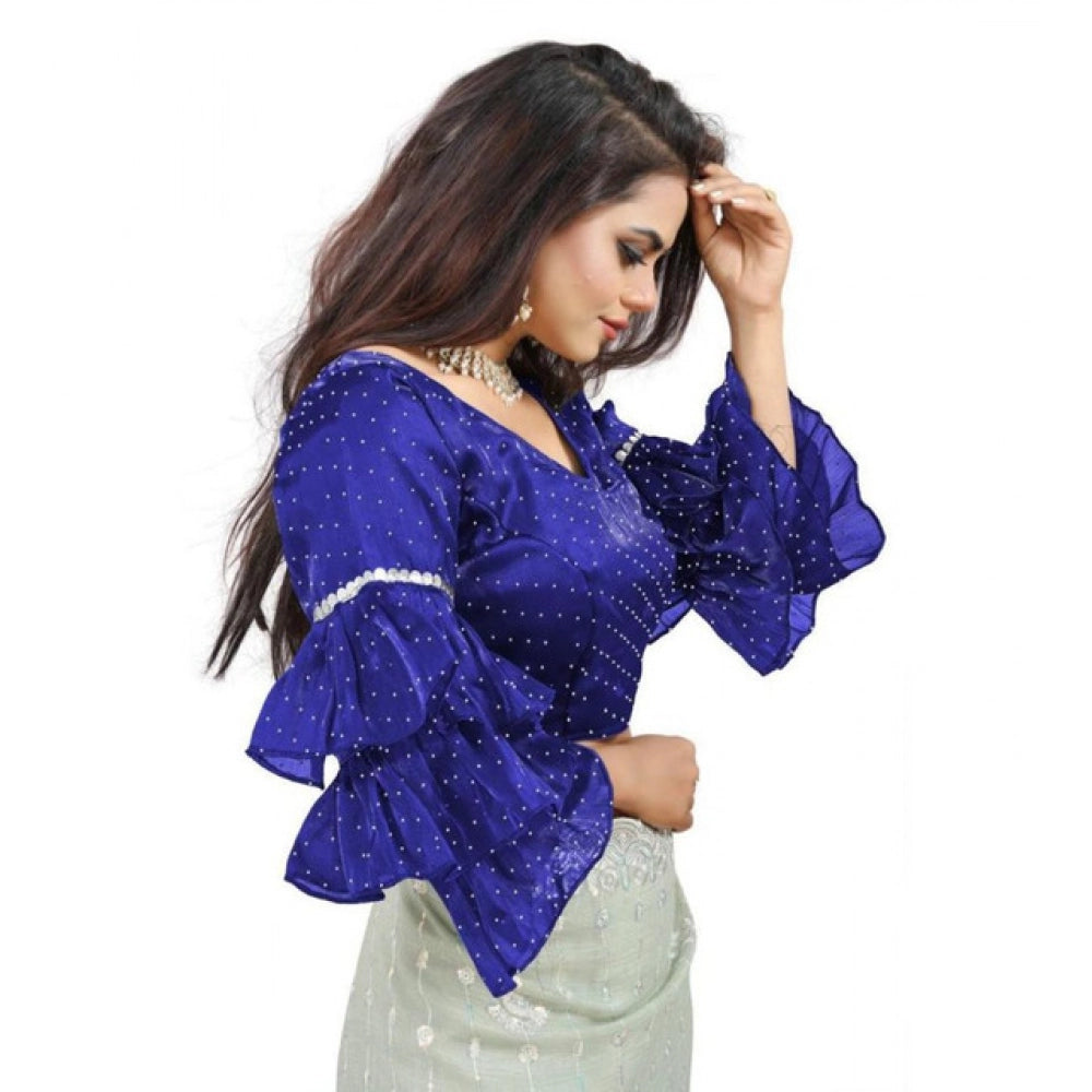 Women's Organza Solid V Neck Layered Ruffle Sleeve Readymade Blouse (Blue Free Size , up to 38–40 Bust)-PID65849