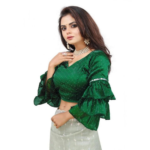 Women's Organza Solid V Neck Layered Ruffle Sleeve Readymade Blouse (Green Free Size , up to 38–40 Bust)-PID65850
